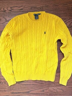 Polo by Ralph Lauren Men’s Bright Yellow Cable Crewneck Sweater with Navy Pony